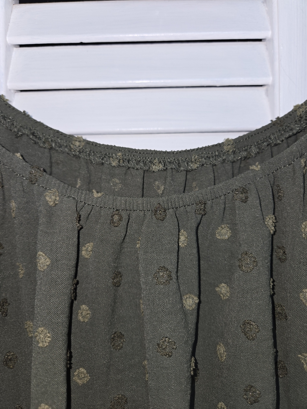 Women's Olive Green Peasant Blouse with Dotted Texture Boho - Picture 3 of 10
